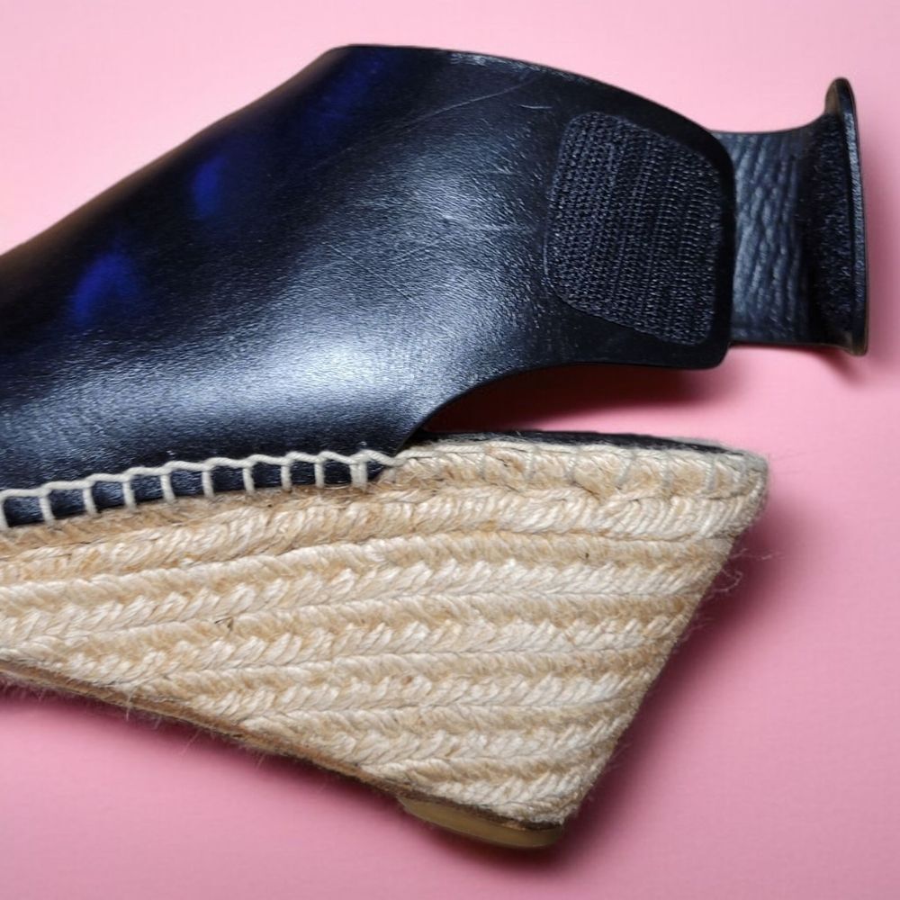 Celine Paris French Girl Crosta Fossil Black Leather Espadrille Wedge Sandals - Picture 7 of 9